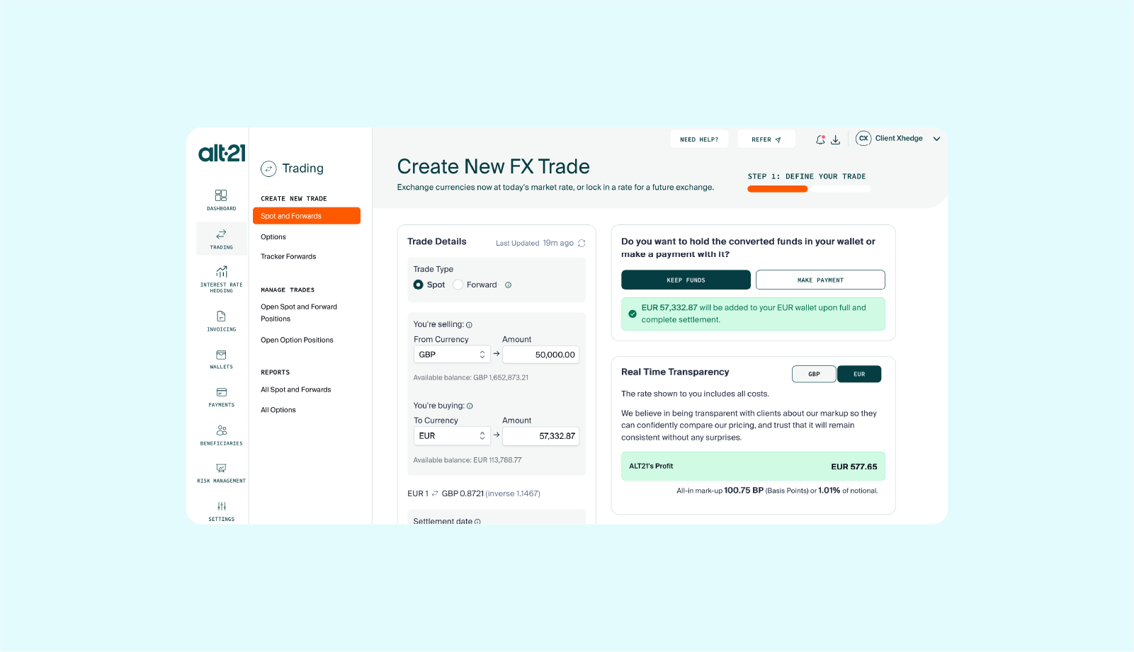 Create new FX trade - example of the Alt21 platform